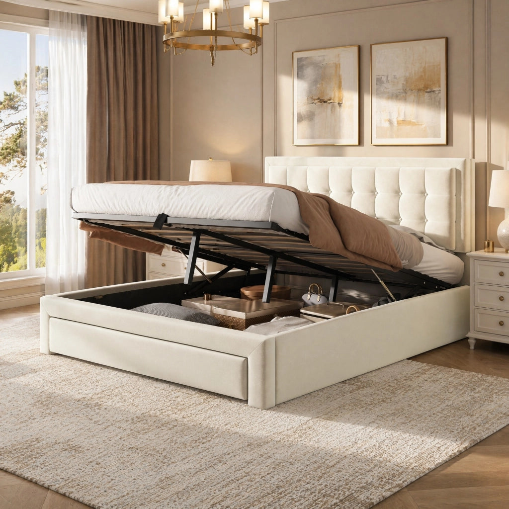 Letto imbottito beige in velluto con testiera regolabile, contenitore con sollevamento idraulico e 2 cassetti, struttura per 140x200 cm