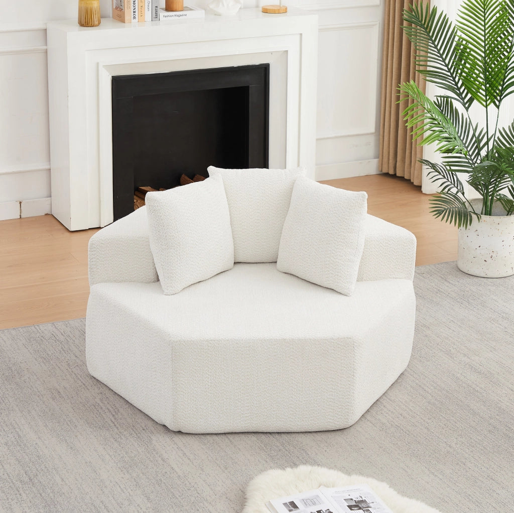 Poltrona lounge esagonale beige in chenille con 3 cuscini morbidi