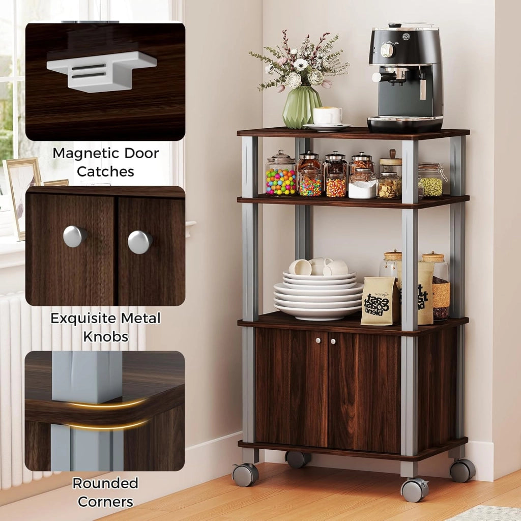 Carrello da Cucina a 3 Livelli per Microonde, Carrello Portaoggetti con Ruote e Armadio con Porta, Carrello di Servizio in Legno, Organizer per Sala da Pranzo, 60 x 40 x 98 cm (Marrone)