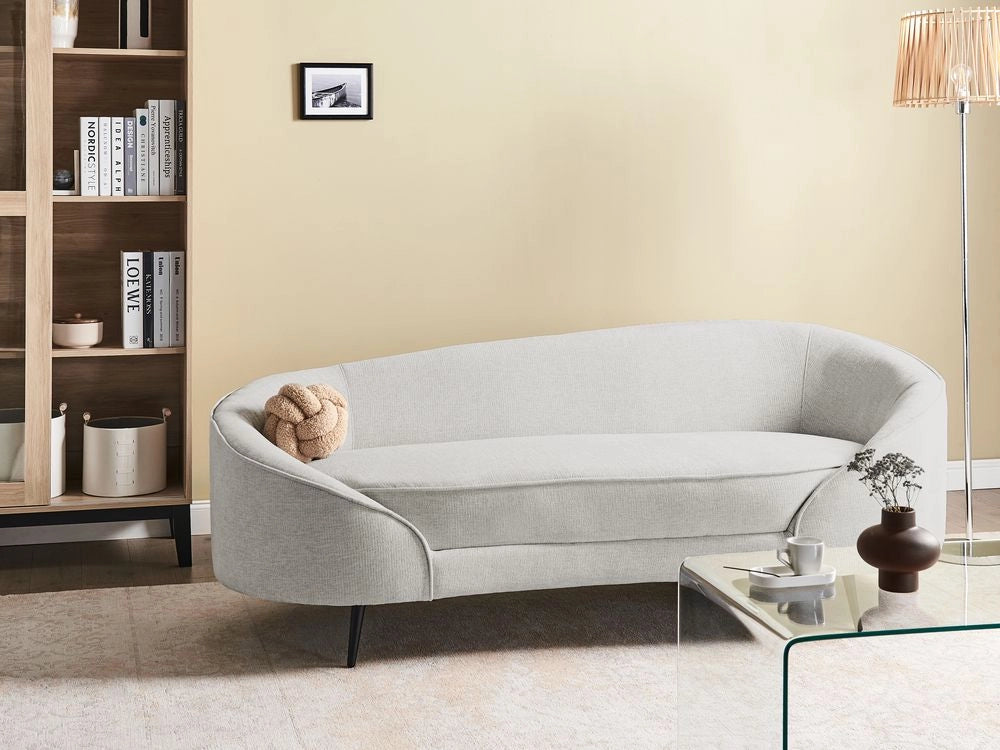 Divano in tessuto bianco sporco Glamour curvo in stile retrò a 2 posti con gambe metalliche nere