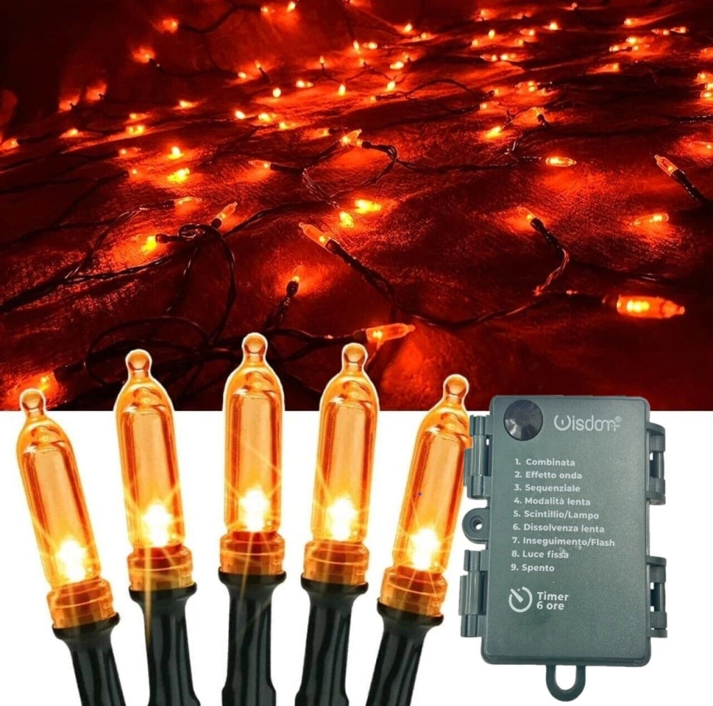 Catena luminosa 100 LED luce arancione a batteria da esterno per halloween 10 mt