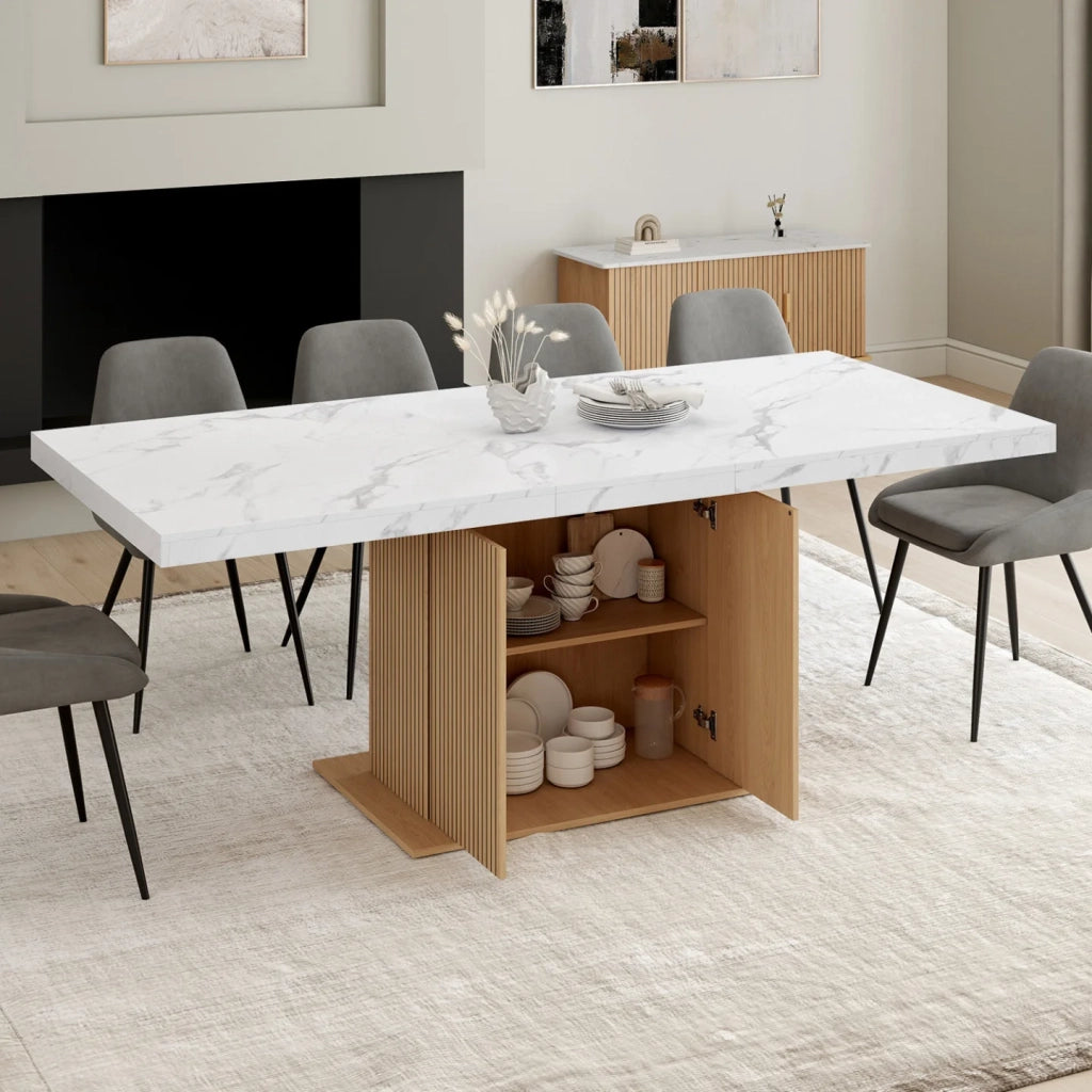 IDMarket - Tavolo da pranzo rettangolare allungabile JULIETTE 6-10 persone piano effetto marmo doghe in legno con contenitore 160-200 cm