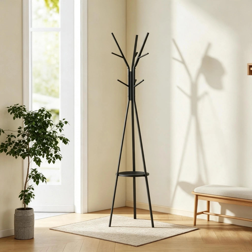 APPENDIABITI DA TERRA con 9 ganci e ripiano 45x45x180 cm nero metallo e MDF