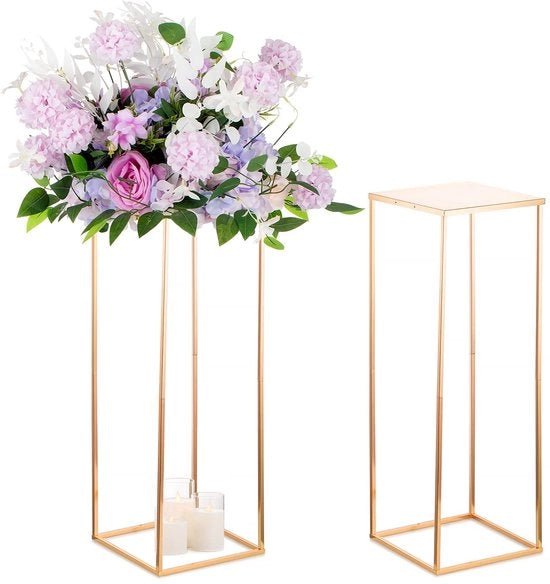 Vasi rettangolari metallici dorati in oro da 60 cm, coppia di stazioni per fiori con alta vetrina per fiori, grandi vasi per feste di matrimonio - 2 pezzi