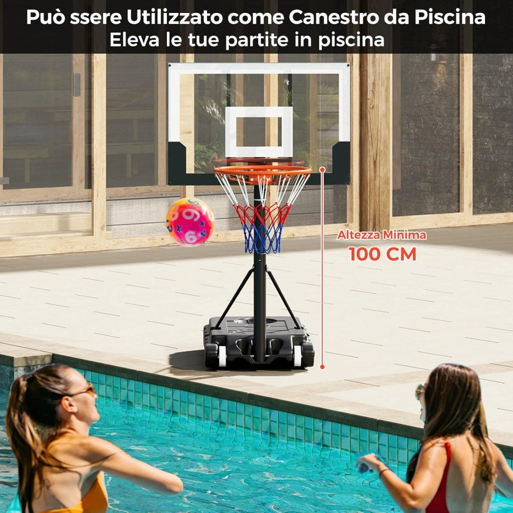 Canestro da Basket Esterno ed Interno Regolabile 100 cm-212 cm, Canestro da Basket per Bambini/Adolescenti Portatile con Tabellone in PC, Base Riempibile e Ruote