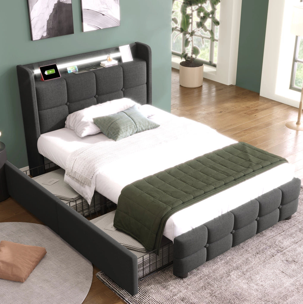 Letto singolo imbottito 90x200 cm con materasso; LED; USB; prese e 2 cassetti; grigio