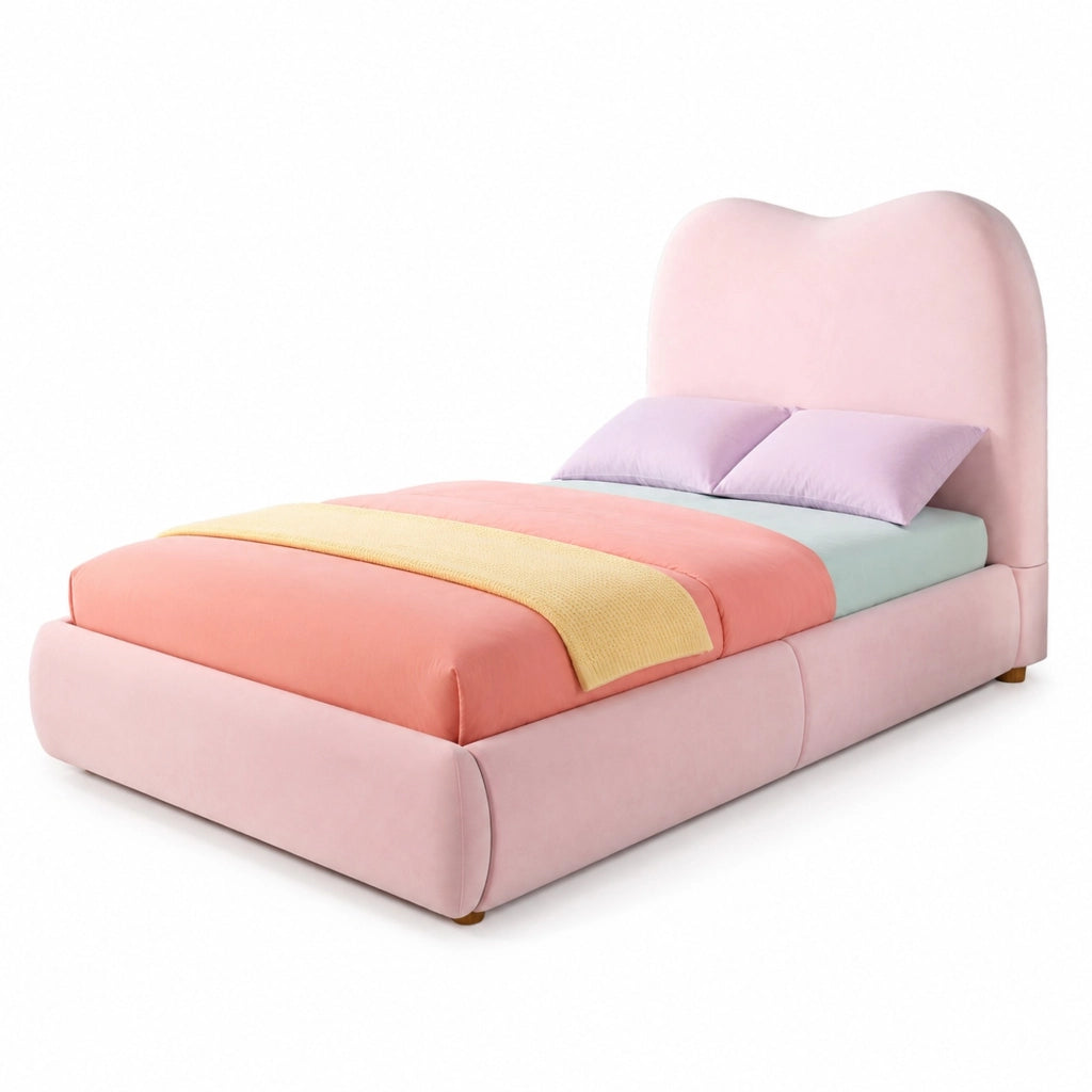 Letto imbottito singolo per bambini 90x200 cm in velluto rosa con contenitore idraulico e rete a doghe