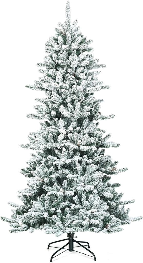 Albero di Natale Artificiale 210 cm, Albero di Natale Innevato con 1108 Rami Densi, Pigne Bianche e Base in Ferro, Decorazione Natalizia per Casa, Negozio e Ufficio