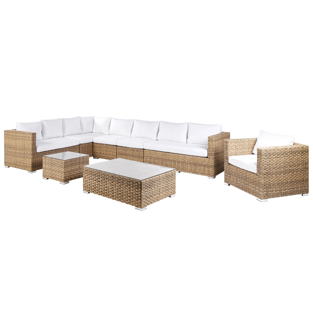Set da giardino 8 posti in rattan color marrone chiaro lato destro con cuscini beige Divano ad angolo Poltrona Tavolino da caffè