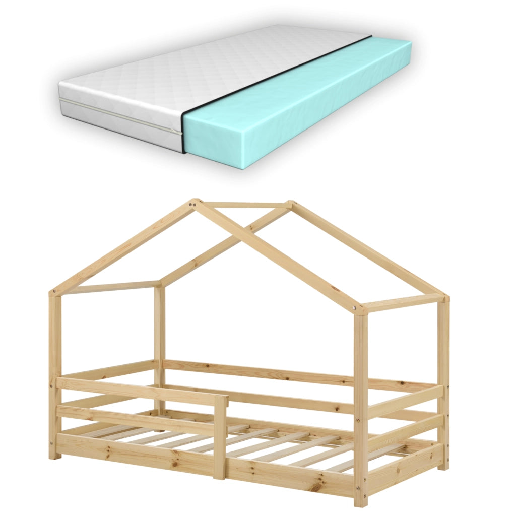Letto per Bambino a Forma di Casetta con Barriere di Sicurezza e Materasso Ortopedico 80 x 160 cm Lettino in Legno di Pino con Sponde - Color Legno Naturale