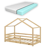 Letto per Bambino a Forma di Casetta con Barriere di Sicurezza e Materasso Ortopedico 80 x 160 cm Lettino in Legno di Pino con Sponde - Color Legno Naturale