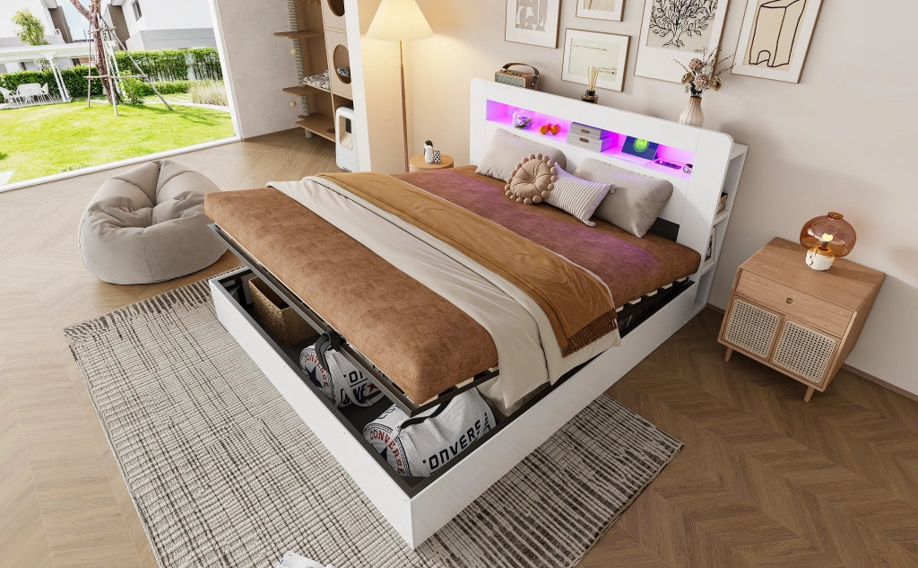 Letto contenitore 180 × 200 cm con sollevamento idraulico, LED, prese e ripiani, senza materasso, bianco