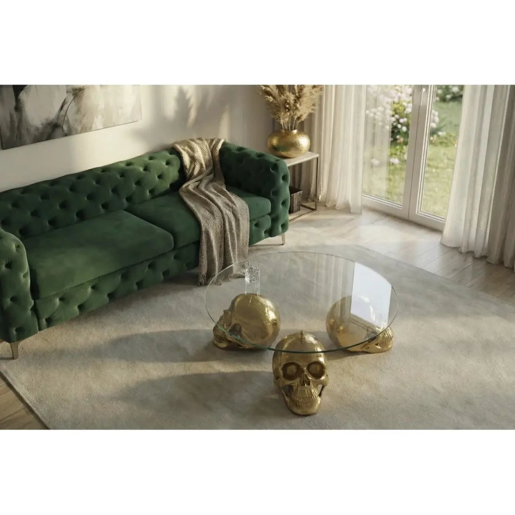 Tavolino basso CRANY rotondo 90 cm in alluminio dorato e vetro temperato stile barocco