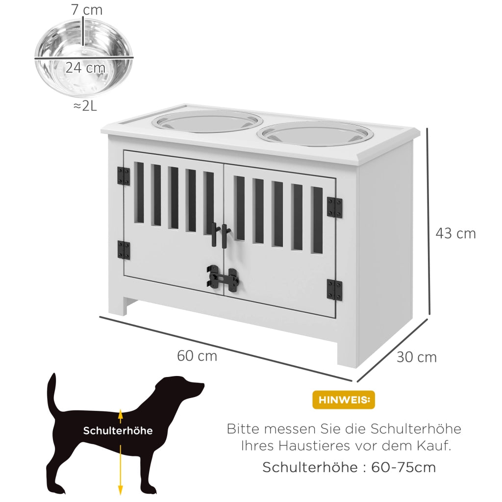 Scaffale rialzato per cani con ciotole da 2.000 ml in acciaio inox e vano portaoggetti bianco 60 × 30 × 43 cm