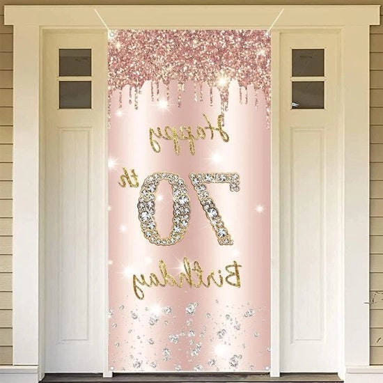 Decorazione di compleanno - 70° Compleanno Banner in stoffa rosé, poster, cartellone di benvenuto per donna festa di compleanno