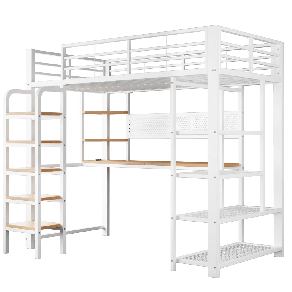Letto a soppalco ULEVR 90x200 cm con scrivania, LED multicolore, prese integrate e ripiani, bianco