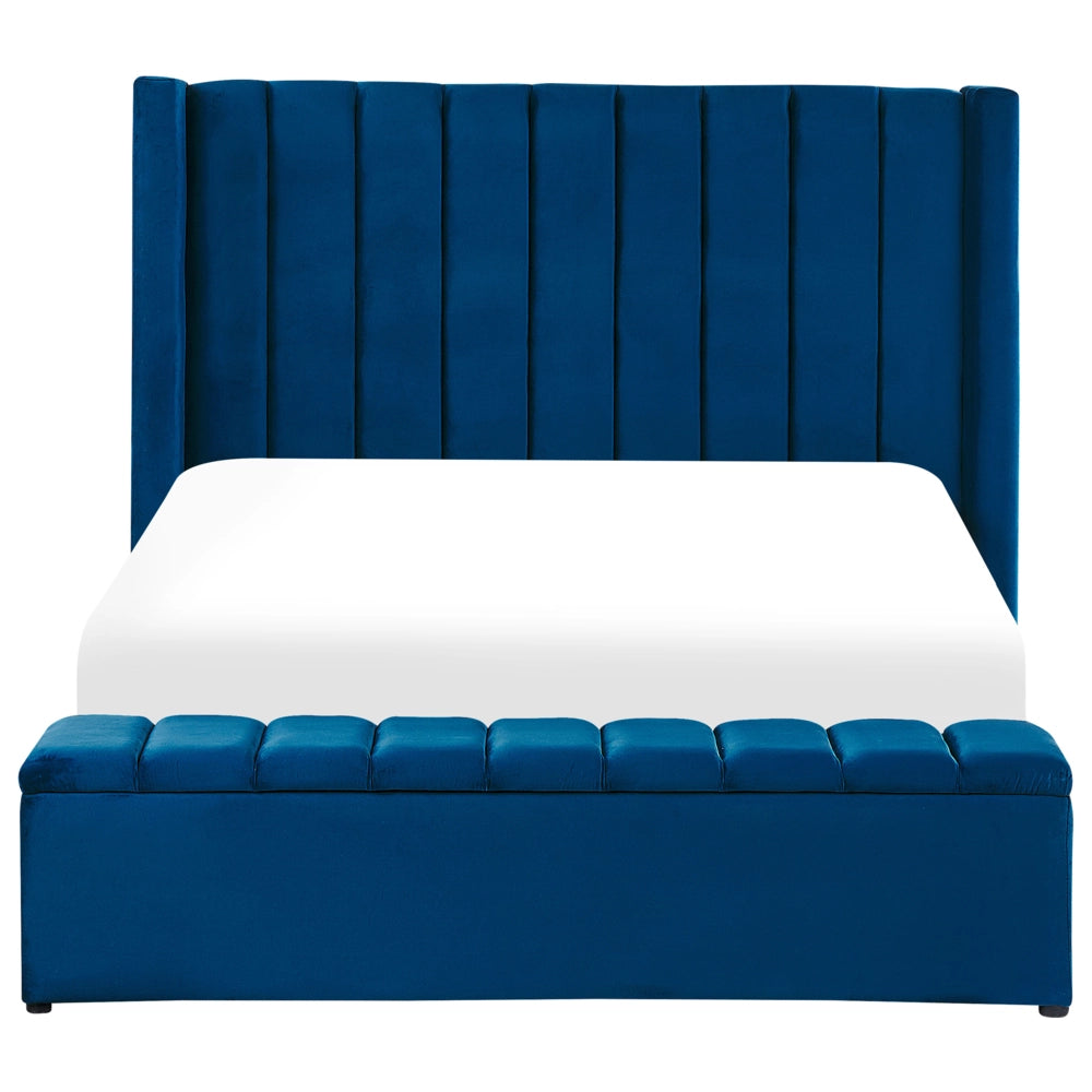 Letto matrimoniale ad acqua in velluto blu marino con cassapanca 140 x 200 cm moderno glam morbido materasso camera da letto