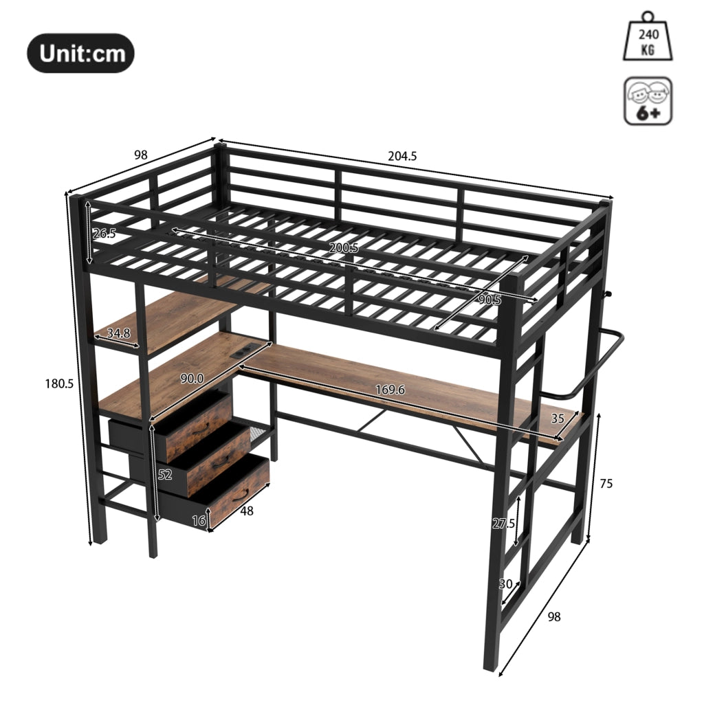 Letto a soppalco 90 x 200 cm nero con scrivania, luce ambiente e cassetti