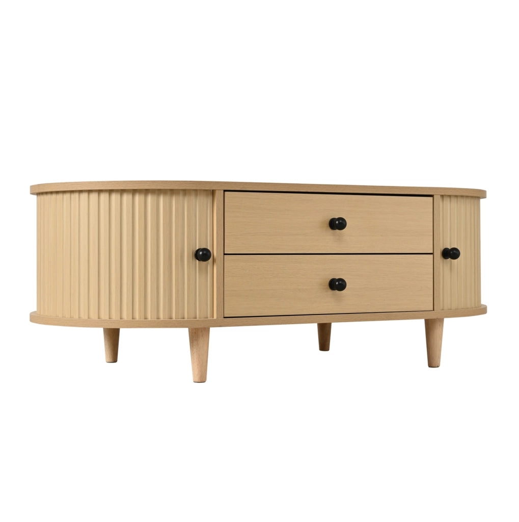 Tavolino da salotto in MDF con 2 cassetti e ante scorrevoli; 100x50x36 cm; legno naturale