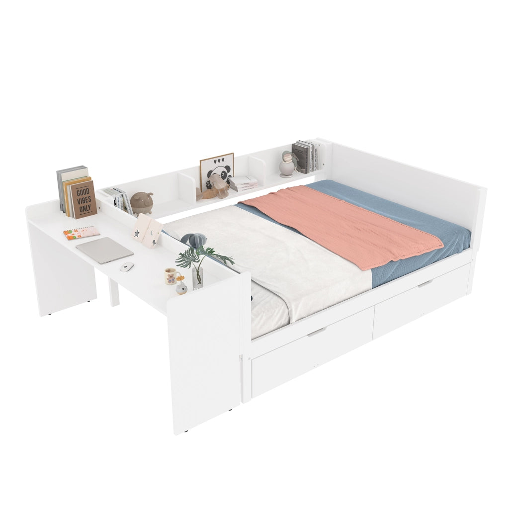 Letto Matrimoniale 140x200 cm; 2 Cassetti; Scrivania e Mensole - in Legno - Bianco