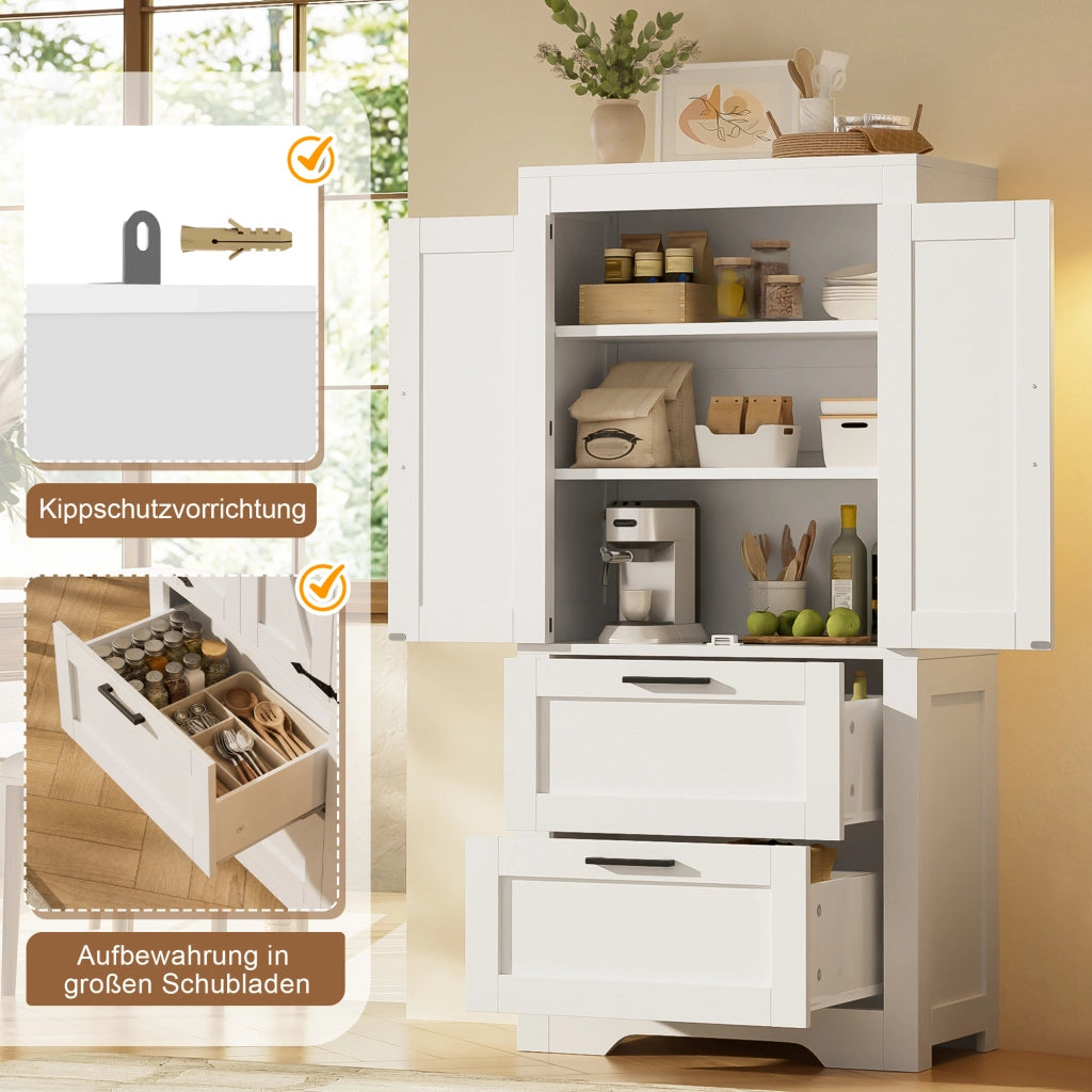 Mobile contenitore con 2 cassetti e ripiani regolabili, stile rustico, per cucina sala da pranzo e soggiorno, bianco