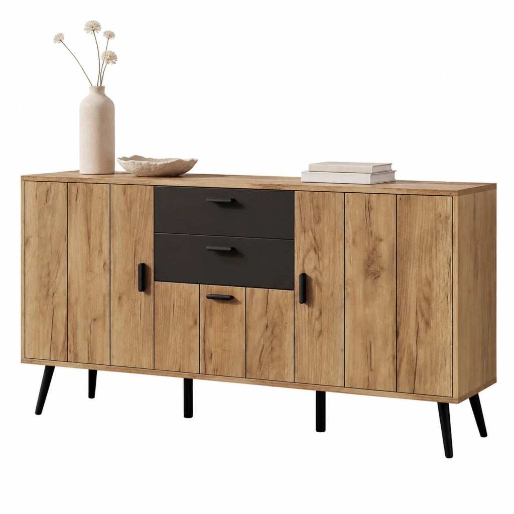 Credenza con 3 ante e 2 cassetti; 7 vani - per soggiorno o cucina - in MDF - 140x35x67 cm