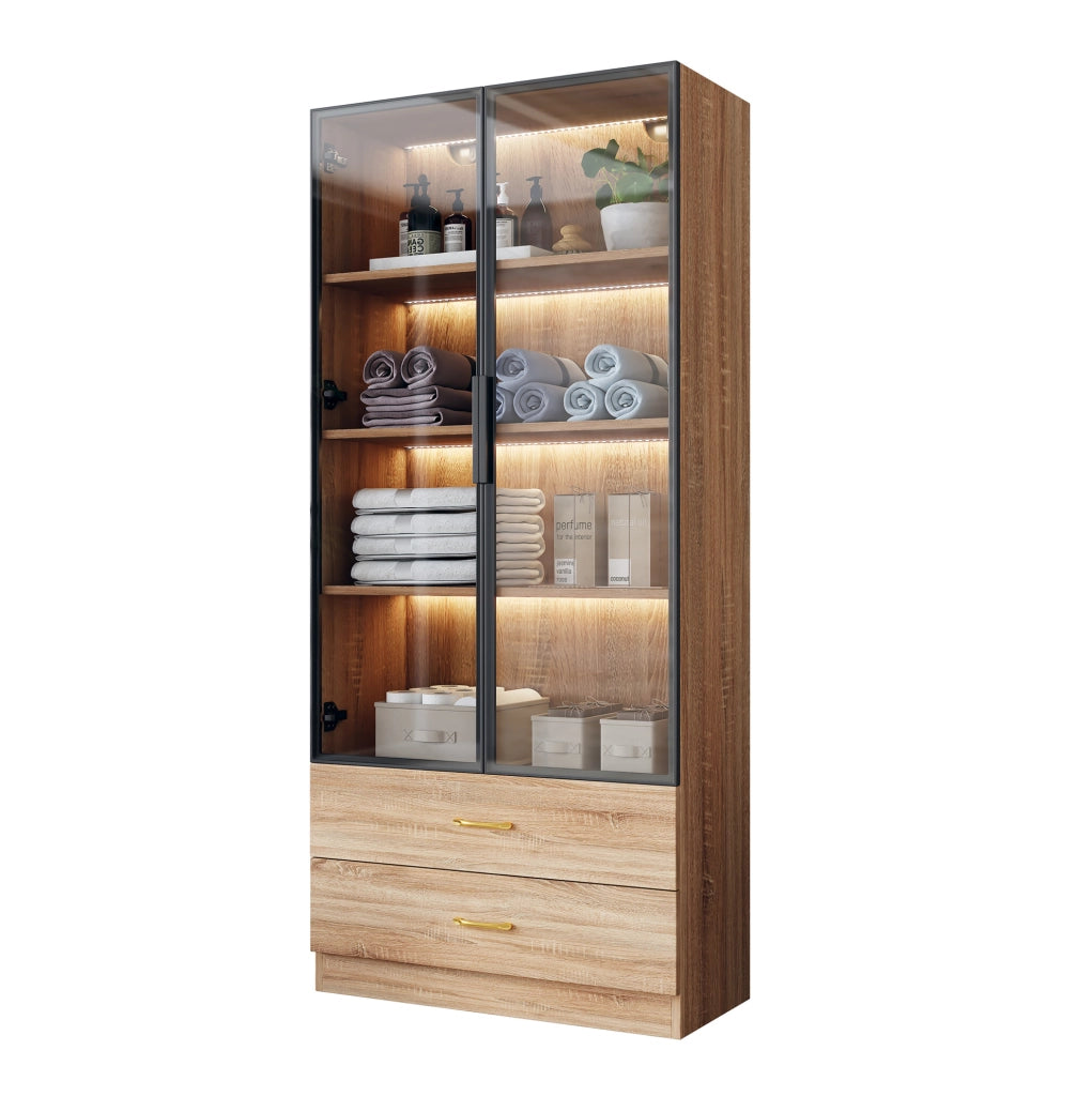 Mobile bagno alto in MDF marrone con vani aperti e anta in vetro temperato