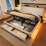 Letto Imbottito Contenitore con LED ¨C MINIMAL ¨C Matrimoniale 180x200, Idraulico, Tessuto Beige