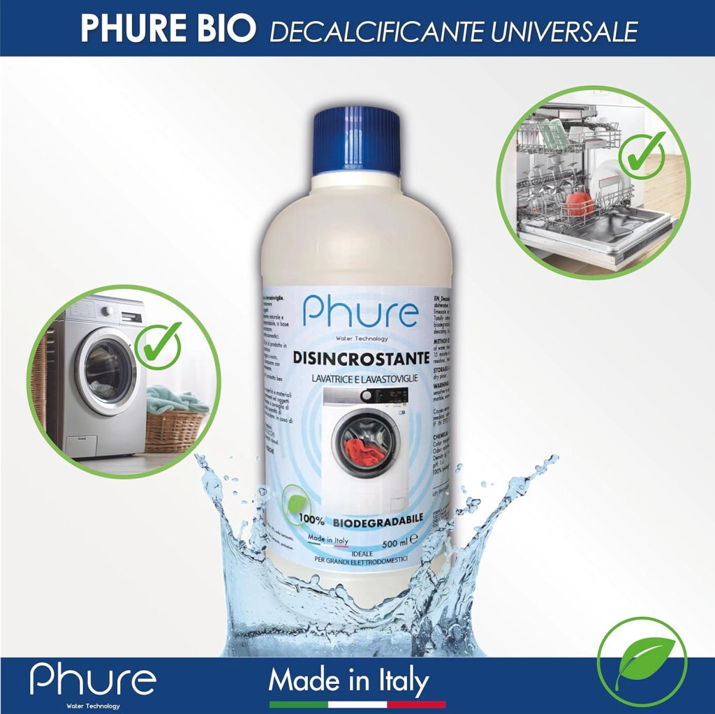 PHURE BIO DECALK Cura Lavatrice, Disincrostante, Decalcificante, Sgrassante e detergente universale per lavastoviglie e lavatrice naturale e biocompatibile 500ml