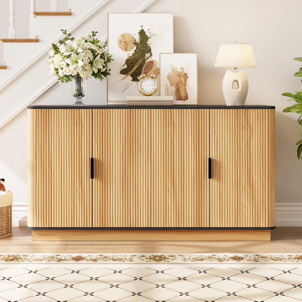Credenza e madia a 4 ante con finitura effetto legno, maniglie in alluminio, per soggiorno, 139 × 40 × 75 cm