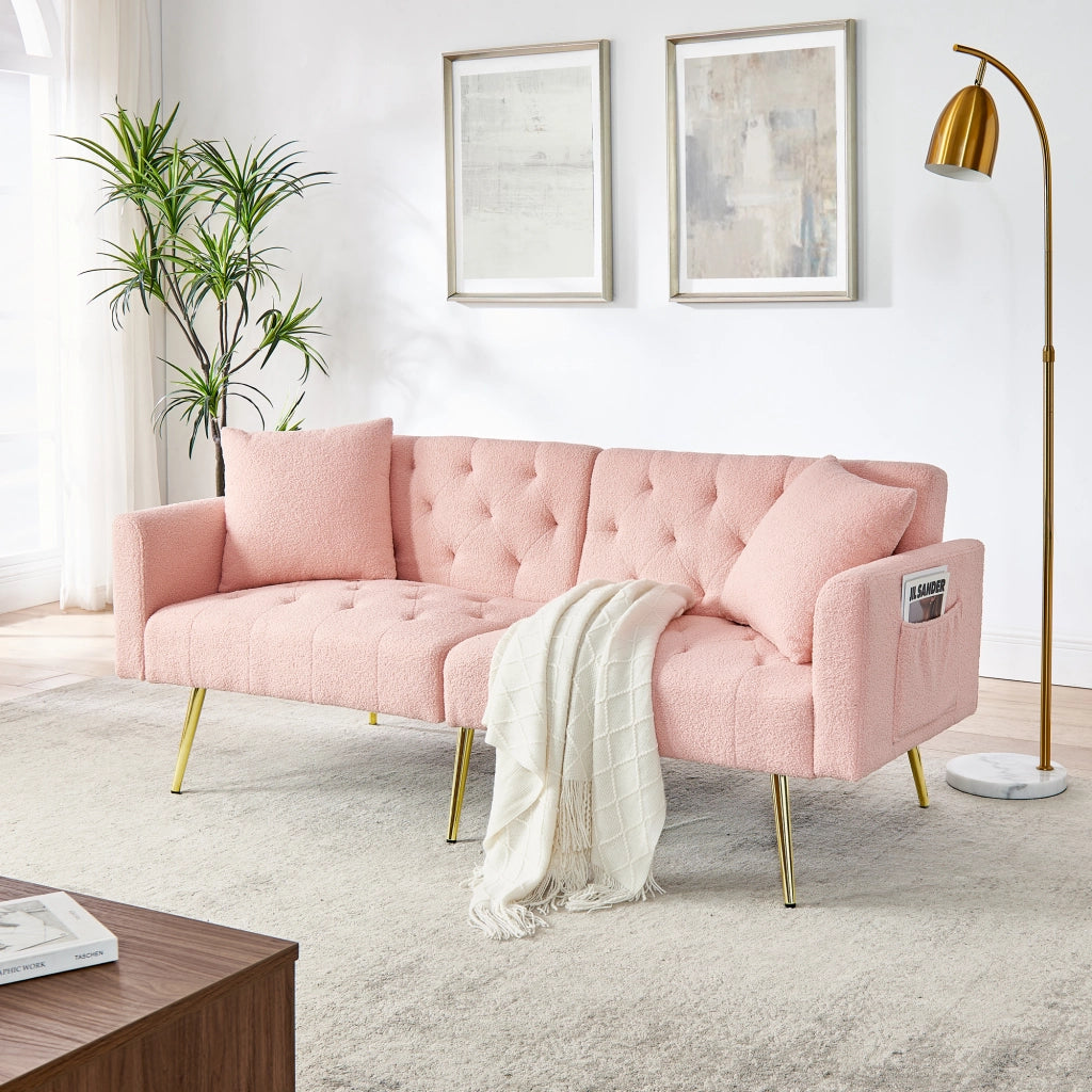 Divano relax a 2 posti in tessuto teddy rosa con schienale regolabile a 3 livelli e 2 cuscini coordinati