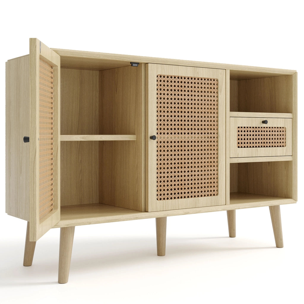 Credenza con Cassetto e 2 Ante in Rattan ¨C MINIMAL ¨C Rovere, Metallo Nero, 120x40x80