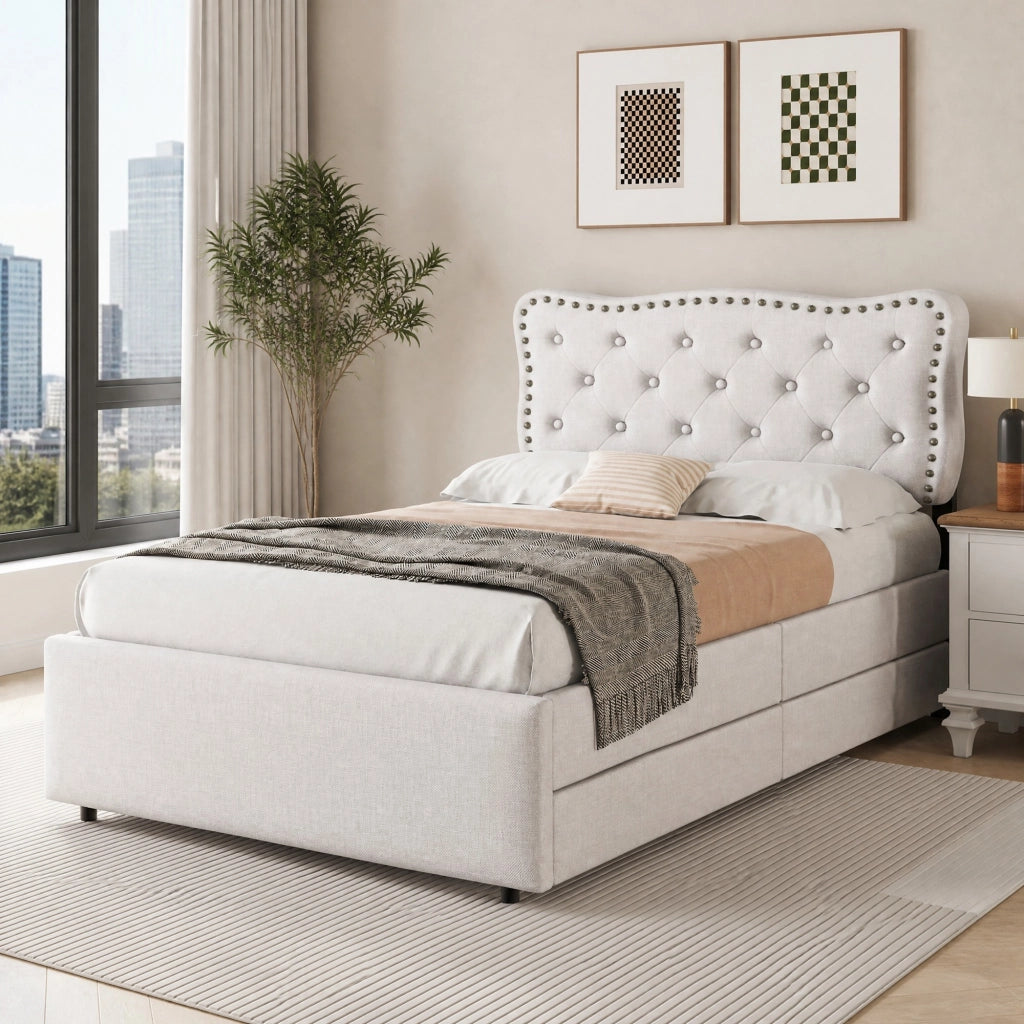 Letto imbottito 90x200 cm con 2 cassetti e testiera regolabile; MDF e lino; beige chiaro