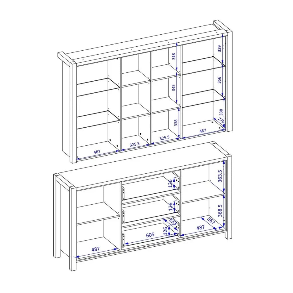 Set buffet e credenza con illuminazione LED collezione TIVORA. Mobile 4 porte, 3 cassetti. Colore quercia e nero.