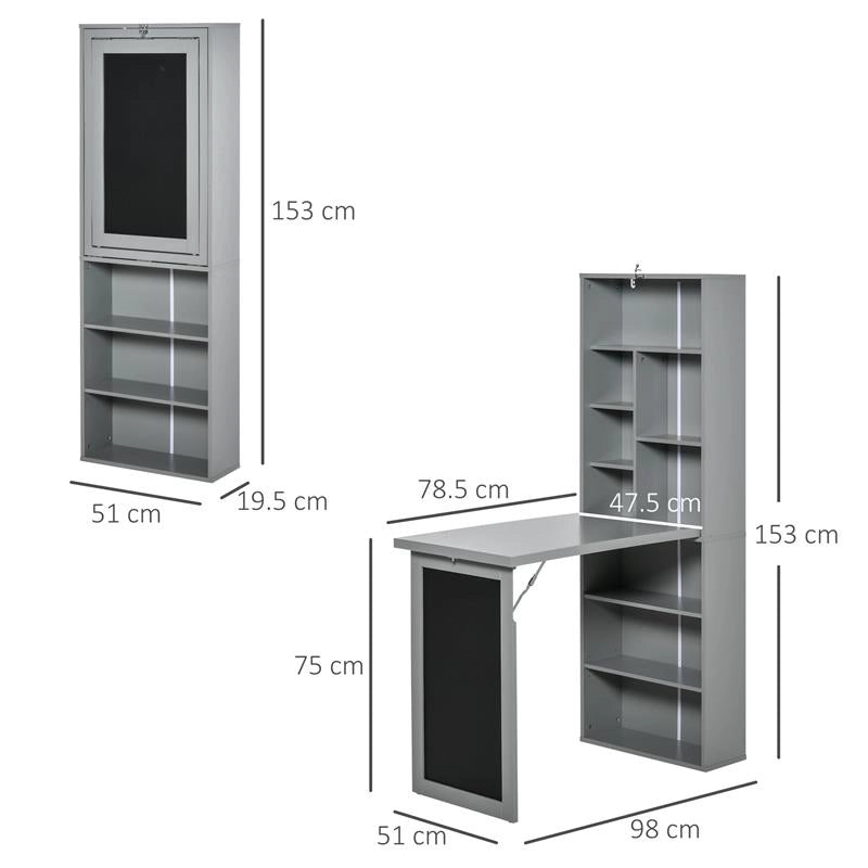SCRIVANIA PIEGHEVOLE SALVASPAZIO CON LIBRERIA E LAVAGNA PER UFFICIO E CASA, 98X51X153CM, GRIGIO