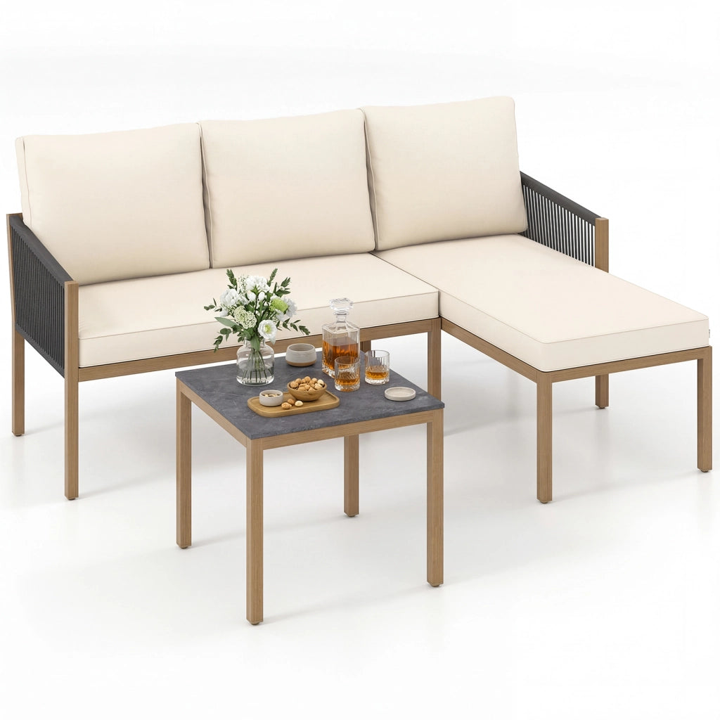 Set di mobili da giardino 3 pezzi con 2 divani componibili a forma di l, Set da conversazione da esterno per patio e terrazzo Beige