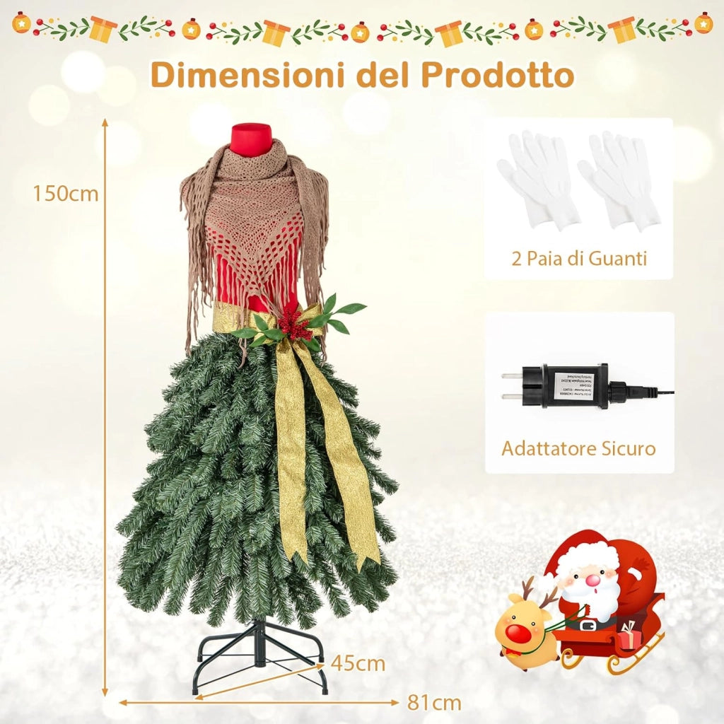 Albero di Natale Artificiale 150 cm con Manichino Pre-Illuminato, Albero di Natale a Forma di Abito con 248 Punte di Rami, 100 Luci a LED Bianche Calde, Sciarpa Rimovibile