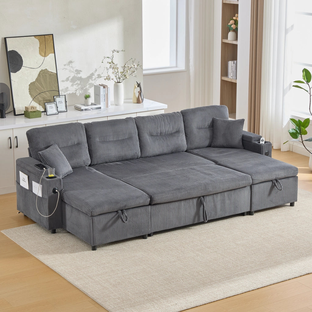 DIVANO 4 POSTI con chaise longue doppia, contenitore, USB-C, Corduroy Grigio Carbonio