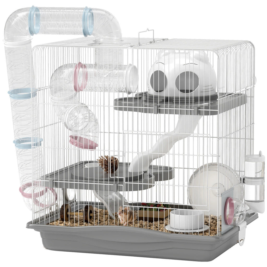 Gabbia per Criceti a 3 Livelli e 14 Tubi con Casetta, Rampa, e Accessori, in Metallo e Plastica, 45x30x45 cm, Grigio