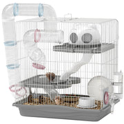 Gabbia per Criceti a 3 Livelli e 14 Tubi con Casetta, Rampa, e Accessori, in Metallo e Plastica, 45x30x45 cm, Grigio