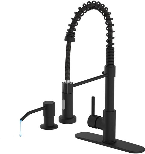 Cranio da cucina con spruzzatore estensibile, miscelatore da cucina con maniglia rotativa 360°, miscelatore da cucina con dispenser sapone e coperchio, miscelatore da cucina monoimpugno in ottone (set, nero)