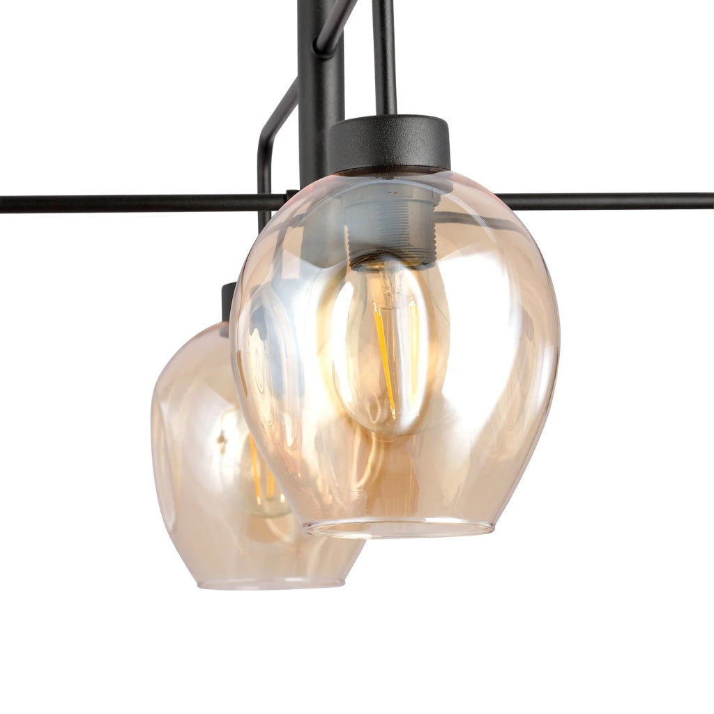 Lampadario Moderno 4 Luci Auriga In Accaio Nero E Vetro Ambra
