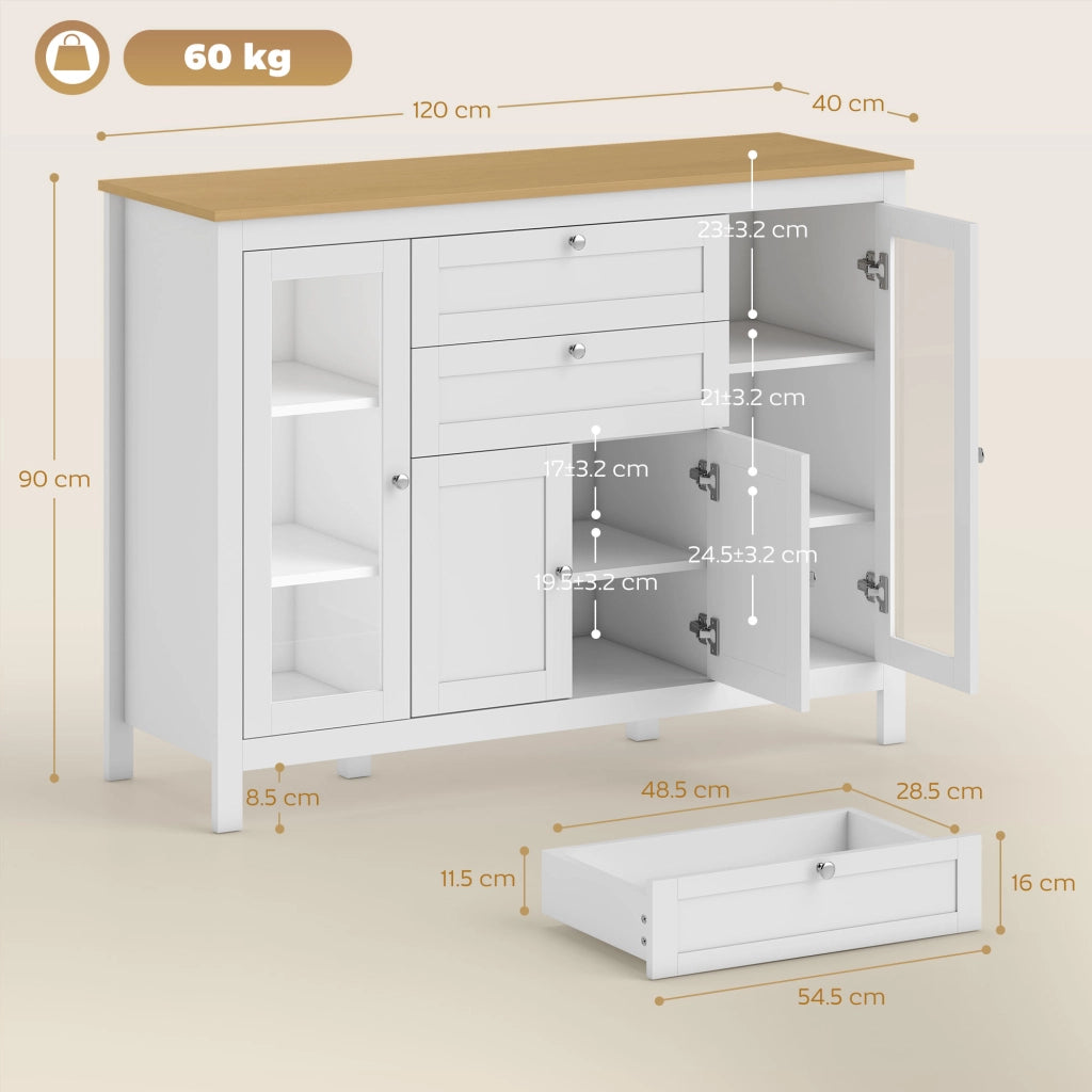 Mobile Cucina con 2 Cassetti e 3 Armadietti. Ante in Vetro e Ripiani Regolabili. 120x40x90 cm. Bianco e Rovere