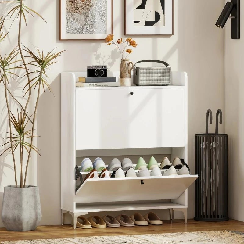 MOBILE SCARPIERA SLIM CON 2 CASSETTI A RIBALTA E RIPIANI REGOLABILI, IN LEGNO E METALLO, 80X24X101 CM, BIANCO