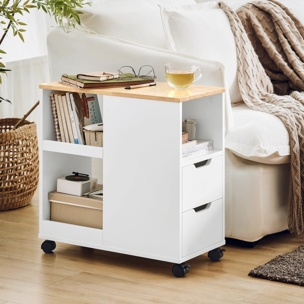 SoBuy Tavolino basso con ruote Tavolo stampante con cassetto Carrello da ufficio Bianco-Naturale, 60x30x60cm FBT130-WN