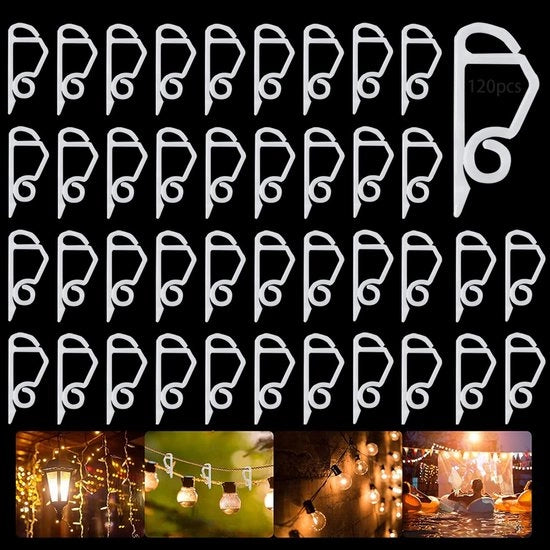 Haken per catena di luci in plastica - 120 pezzi - Ideali per la decorazione natalizia - Esterni - Adatti per cappotti di tetto...