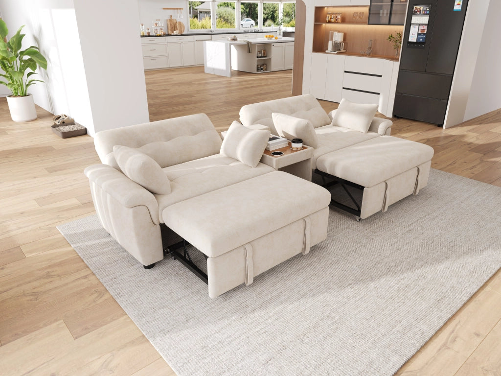 Divano letto estraibile a 2 posti letto con schienale reclinabile, console centrale con 2 portabicchieri, tessuto Chenille beige, 284¡Á138¡Á89 cm