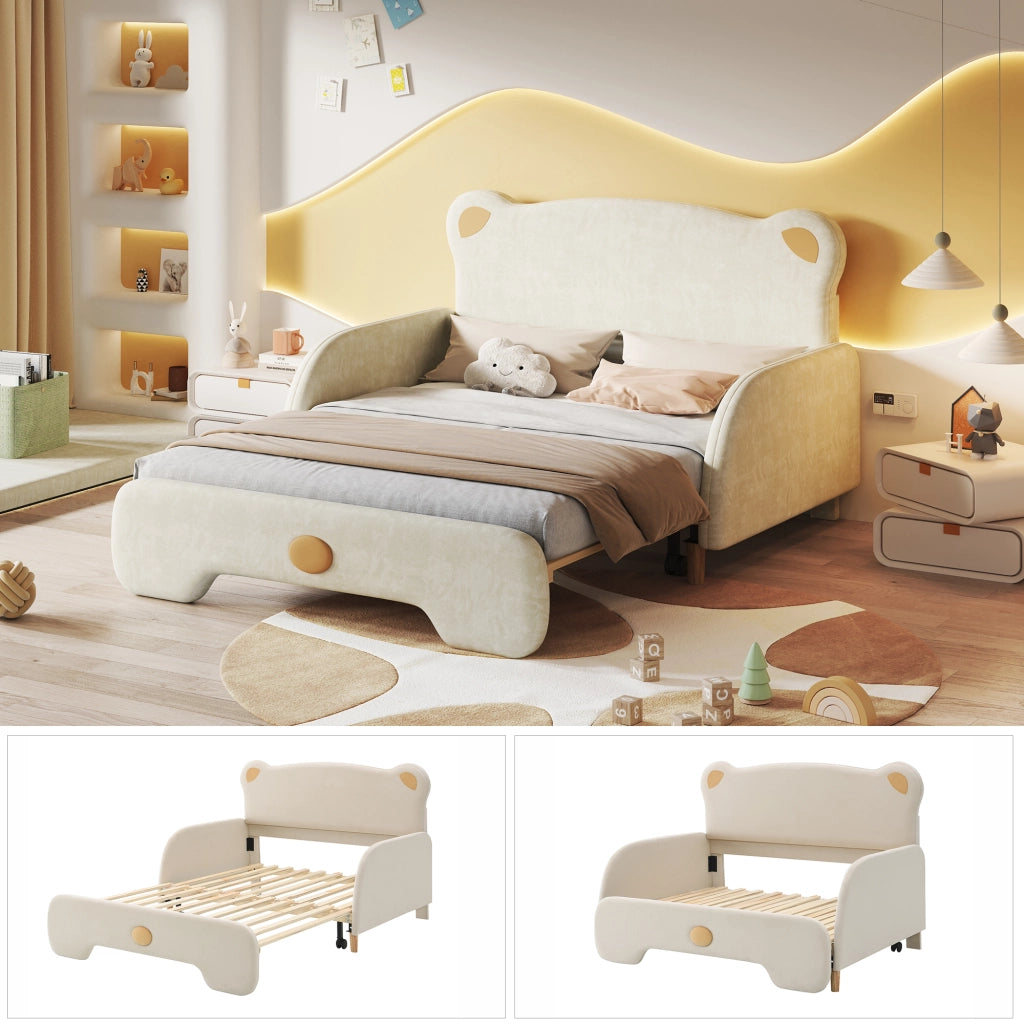 Letto matrimoniale forma orso imbottito velluto beige 140x200 cm