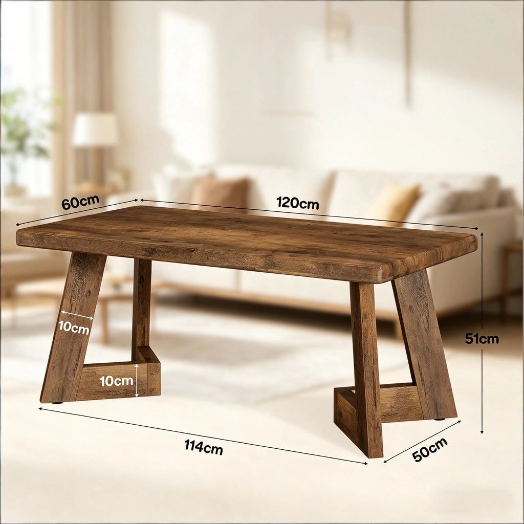 Tavolino basso rettangolare in legno stile country con piano da 4 cm per soggiorno 120 × 60 × 51 cm