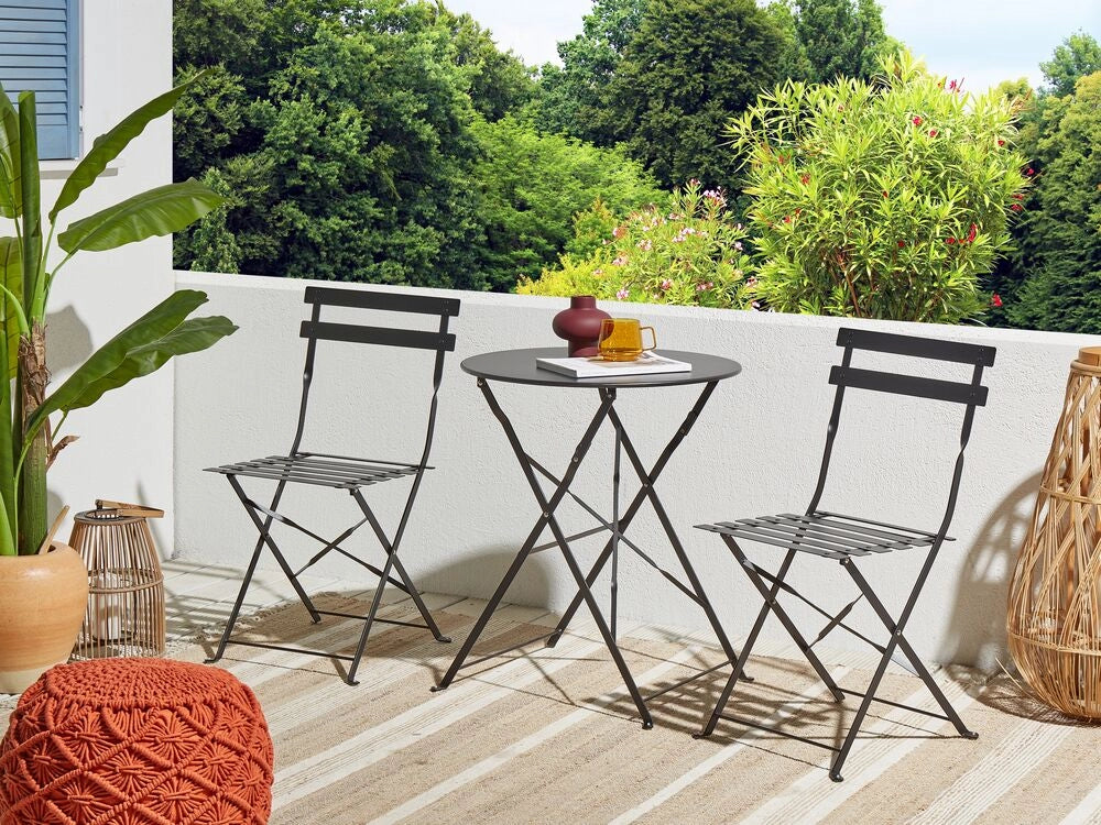 Set da balcone 3 elementi tavolo e sedie rotonde da esterno in acciaio nero pieghevole all'aperto